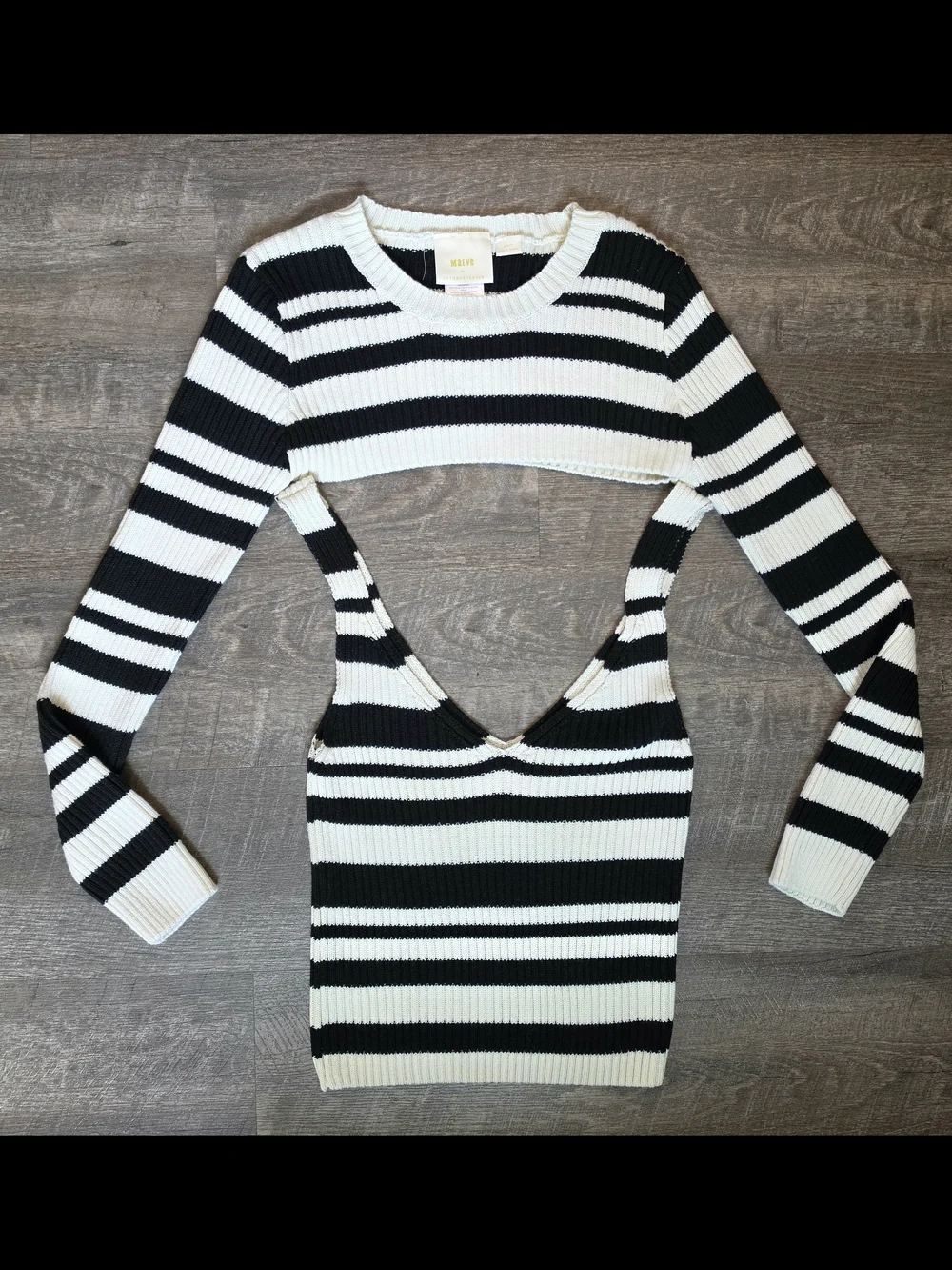 Maeve X Anthro Striped Sweater Shrug Set Womens M Black Cream Ribbed Cotton Blen